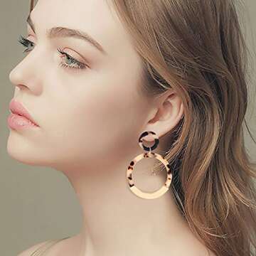 Acrylic Earrings Mottled Resin Hoop Earrings Bohemia Statement Drop Dangle Earrings for Women (Light Brown)