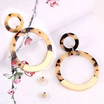 Acrylic Earrings Mottled Resin Hoop Earrings Bohemia Statement Drop Dangle Earrings for Women (Light Brown)