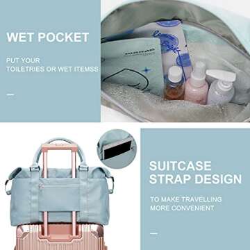 BJLFS Duffel Bag, Light Blue Nylon, 60L, Water-Resistant, Adjustable Strap, Overnight Travel, Workout, Sports Activities, Fits 15.6 Inch Laptop