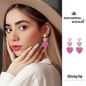 PopTopping Gold And Pink Earrings Dangling Long Heart Dangle Earrings Love Heart Drop Earrings For W...