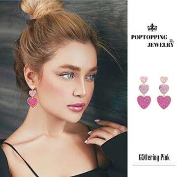 PopTopping Gold And Pink Earrings Dangling Long Heart Dangle Earrings Love Heart Drop Earrings For Women Birthday Prom Valentine's Day (Pink-Gold) (Pink)