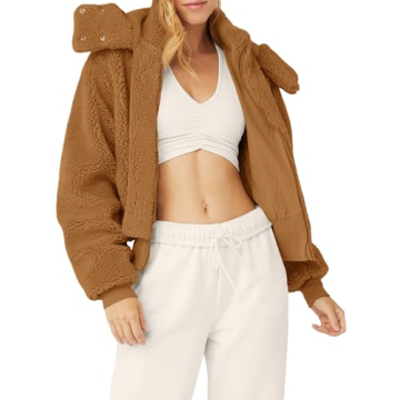 Tankaneo Womens Winter Sherpa Cropped Jackets Cozy Zipper Fleece Coats with Hooded