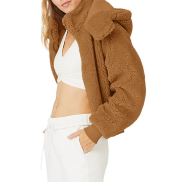 Tankaneo Womens Winter Sherpa Cropped Jackets Cozy Zipper Fleece Coats with Hooded
