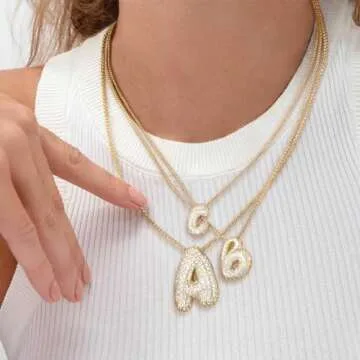 KissYan Bubble Letter Necklace, 14K Gold Plated Balloon Initial Pendant Box Chain Necklace Dainty Pave CZ Jewelry Gift for Women