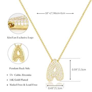 KissYan Bubble Letter Necklace, 14K Gold Plated Balloon Initial Pendant Box Chain Necklace Dainty Pave CZ Jewelry Gift for Women