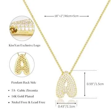 KissYan Bubble Letter Necklace, 14K Gold Plated Balloon Initial Pendant Box Chain Necklace Dainty Pave CZ Jewelry Gift for Women