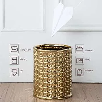 Round Golden Trash Can, Small Wastebasket, Garbage Receptacle Bin for Bathrooms, Powder Rooms, Kitchens, Home Offices - Durable Ceramics