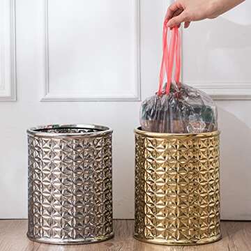 Round Golden Trash Can, Small Wastebasket, Garbage Receptacle Bin for Bathrooms, Powder Rooms, Kitchens, Home Offices - Durable Ceramics