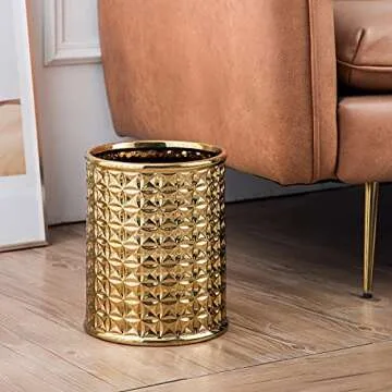 Round Golden Trash Can, Small Wastebasket, Garbage Receptacle Bin for Bathrooms, Powder Rooms, Kitchens, Home Offices - Durable Ceramics