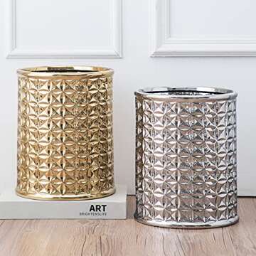 Round Golden Trash Can, Small Wastebasket, Garbage Receptacle Bin for Bathrooms, Powder Rooms, Kitchens, Home Offices - Durable Ceramics