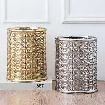 Round Golden Trash Can, Small Wastebasket, Garbage Receptacle Bin for Bathrooms, Powder Rooms, Kitchens, Home Offices - Durable Ceramics
