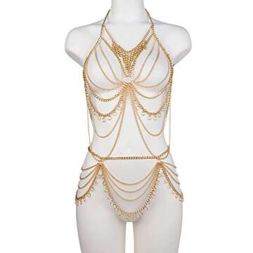 Sprfragrance Gold Body Chain Jewelry For Women - Beach Layered Body Chains Fashion Bling Sexy Body J...