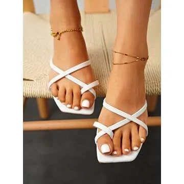 GORGLITTER Women's Cute Strappy Sandals Flat Sandals Toe Ring Summer Slide Sandal Slip on Flip Flops White CN39