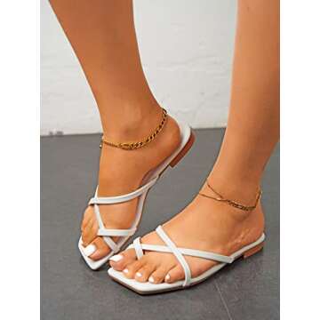 GORGLITTER Women's Cute Strappy Sandals Flat Sandals Toe Ring Summer Slide Sandal Slip on Flip Flops White CN39