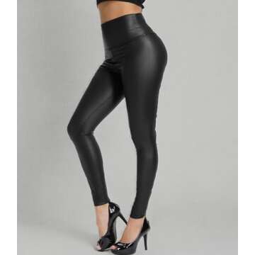 KIWI RATA Black Faux Leather Leggings for Women High Waisted Butt Lifting Stretchy PU Pants Sexy Tights