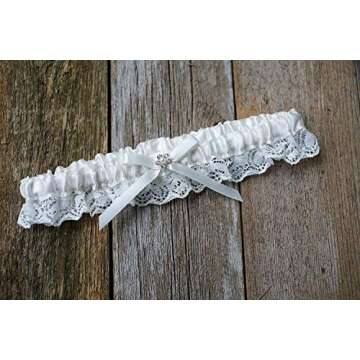 LR Bridal Ivory Wedding Bridal Garter with Rhinestone Satin Bow and lace for Brides