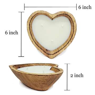 BestySuperStore 6” Heart Shaped Wooden Bowl Vanilla Sandalwood Scented Soy Wax Candle - 3 Wicks 5 ...