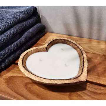 BestySuperStore 6” Heart Shaped Wooden Bowl Vanilla Sandalwood Scented Soy Wax Candle - 3 Wicks 5 oz Decorative Dough Bowls Candles for Anniversary Engagement Wedding Birthday Valentine Christmas Gift