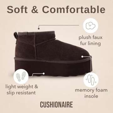 CUSHIONAIRE Hippy Women’s Platform Ankle Boots – Genuine Suede, Faux Fur Lining, Cozy Winter Slip-On Design Mini boots, CHOCOLATE 8.5