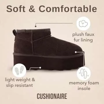 CUSHIONAIRE Hippy Women’s Platform Ankle Boots – Genuine Suede, Faux Fur Lining, Cozy Winter Slip-On Design Mini boots, CHOCOLATE 8.5