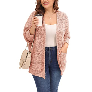 Yskkt Plus Size Fuzzy Cardigan Sweater with Pockets