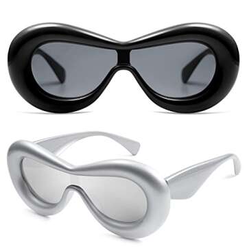 VANLINKER Oversized Thick Inflated Sunglasses Womens Mens Trendy Oval One Peice Glasses Funny Aesthetic Shades VL9729 2 Pack Black Silver