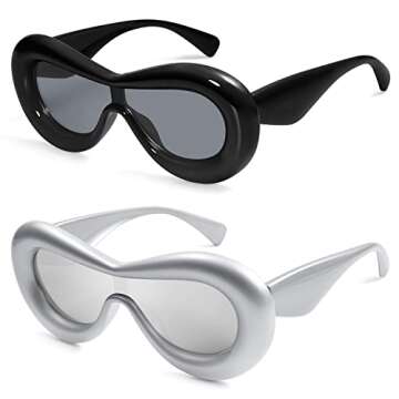 VANLINKER Oversized Thick Inflated Sunglasses Womens Mens Trendy Oval One Peice Glasses Funny Aesthetic Shades VL9729 2 Pack Black Silver