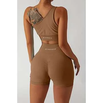 QINSEN High Waisted Running Shorts for Women One Shoulder Medium Support Sport Bra Seamless Workout 2 Piece Outfits Brown L
