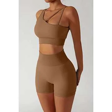 QINSEN High Waisted Running Shorts for Women One Shoulder Medium Support Sport Bra Seamless Workout 2 Piece Outfits Brown L