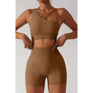 QINSEN High Waisted Running Shorts for Women One Shoulder Medium Support Sport Bra Seamless Workout 2 Piece Outfits Brown L