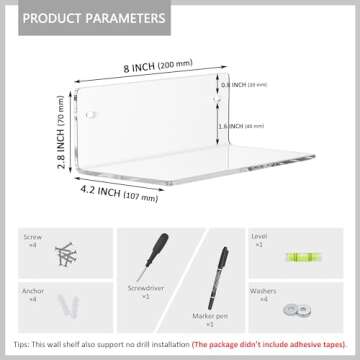 Sezanrpt 8 Inch Clear Shelf for Wall, Acrylic Small Floating Shelf, Home Wall Shelf Organizer for Room Storage, Room Décor, Space Saving, 4'' Depth, 2 Pack