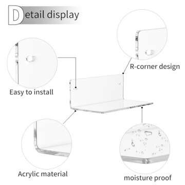 Sezanrpt 8 Inch Clear Shelf for Wall, Acrylic Small Floating Shelf, Home Wall Shelf Organizer for Room Storage, Room Décor, Space Saving, 4'' Depth, 2 Pack
