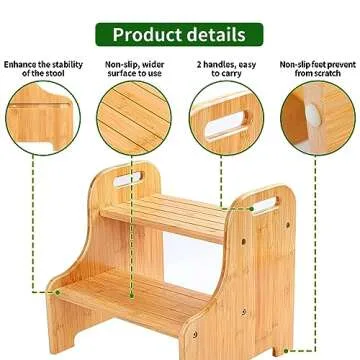 VaeFae Bamboo 2 Step Stool with Non-Slip Step Treads and 2 Cutout Handles