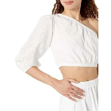 The Drop Women's Anupa Cotton One Shoulder Cropped Top, White Eyelet, S