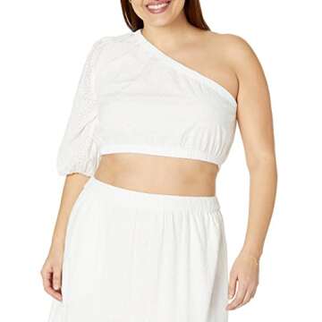 The Drop Women's Anupa Cotton One Shoulder Cropped Top, White Eyelet, S