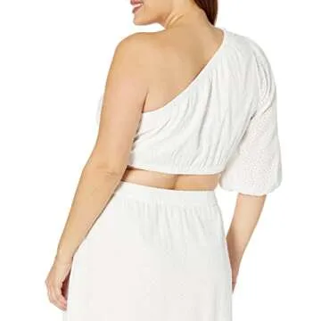 The Drop Women's Anupa Cotton One Shoulder Cropped Top, White Eyelet, S