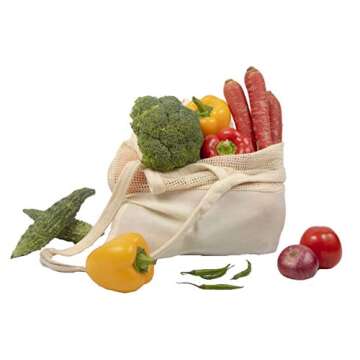 Reusable Grocery Bags - Organic Cotton Mesh Net Bag with Handles | Reinforced Bottom | Shopping, Groceries, Beach Tote, Produce Bag, Fruit & Vegetable Storage | Machine Washable, Eco Friendly (1 Bag)
