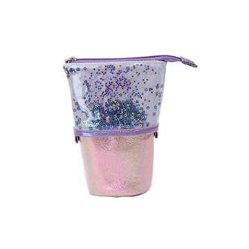 Telescopic Stand UP Transformer Pencil Case, Standing Stationery Holder Pouch Bag with Zipper Closure (Purple)