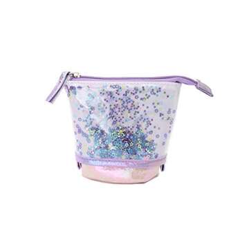 Telescopic Stand UP Transformer Pencil Case, Standing Stationery Holder Pouch Bag with Zipper Closure (Purple)