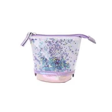 Telescopic Stand UP Transformer Pencil Case, Standing Stationery Holder Pouch Bag with Zipper Closure (Purple)