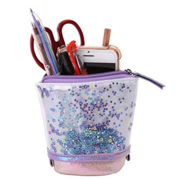Telescopic Stand UP Transformer Pencil Case, Standing Stationery Holder Pouch Bag with Zipper Closure (Purple)