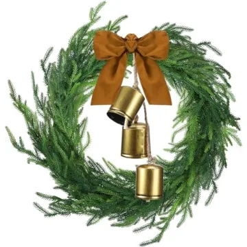 Jutom Realistic Norfolk Pine Wreath with Velvet Ribbon Faux Christmas Norfolk Pine Wreath for Christ...