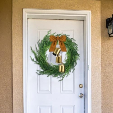 Jutom Realistic Norfolk Pine Wreath with Velvet Ribbon Faux Christmas Norfolk Pine Wreath for Christmas Holiday Seasonal Indoor Home Decor(Khaki)