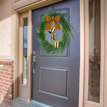 Jutom Realistic Norfolk Pine Wreath with Velvet Ribbon Faux Christmas Norfolk Pine Wreath for Christmas Holiday Seasonal Indoor Home Decor(Khaki)