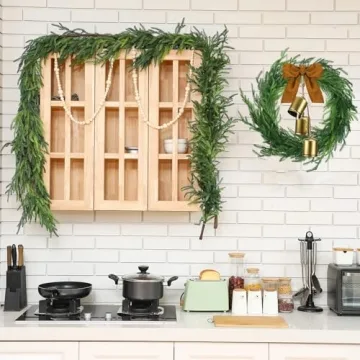 Jutom Realistic Norfolk Pine Wreath with Velvet Ribbon Faux Christmas Norfolk Pine Wreath for Christmas Holiday Seasonal Indoor Home Decor(Khaki)