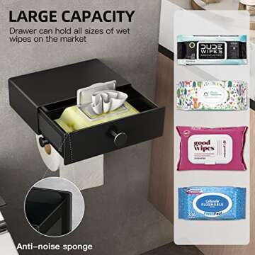 VOLDRA Toilet Paper Holder with Shelf Black Wipes Dispenser for Bathroom Toilet Paper Holder with St...