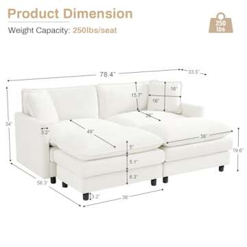 Nolohoo Deep Seat Sectional Cloud Sofa, 78.4" Comfy Modular Cloud Couch for Living Room, Modern 2 Seater Modular Sectional Sofa with 2 Ottomans, Velvet Oversized Chaise Lounge, Cream White