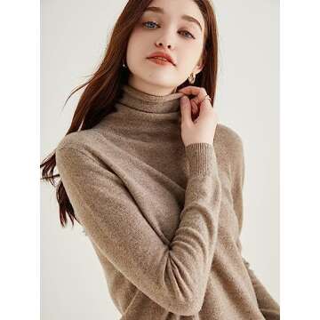 LINY XIN Women's Turtleneck 100% Merino Wool Sweater Fall Winter Basic Warm Soft Long Sleeve Knitted Pullover (Tan,L)