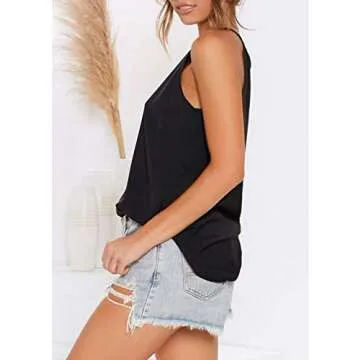 THANTH Women's Flowy Halter Spaghetti Strap Cami Tank Top - Loose Fit Black L
