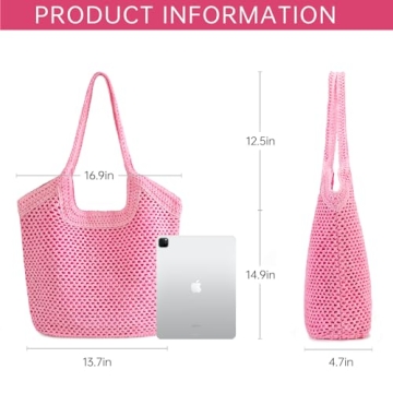 Kiss Sea Large Straw Mesh Beach Bag The Tote Bag for Women Cross Body Bag Clutch Pink Purses Beach Accessories Vacation Essentials Shoulder Bag Hobo Bags Travel Tote Bags Pool Summer Purses for Women